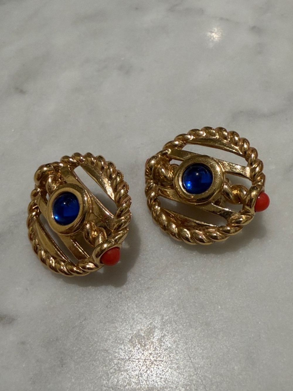 Vintage Givenchy Gold-Tone Earrings with Blue and Coral Cabochon Accent